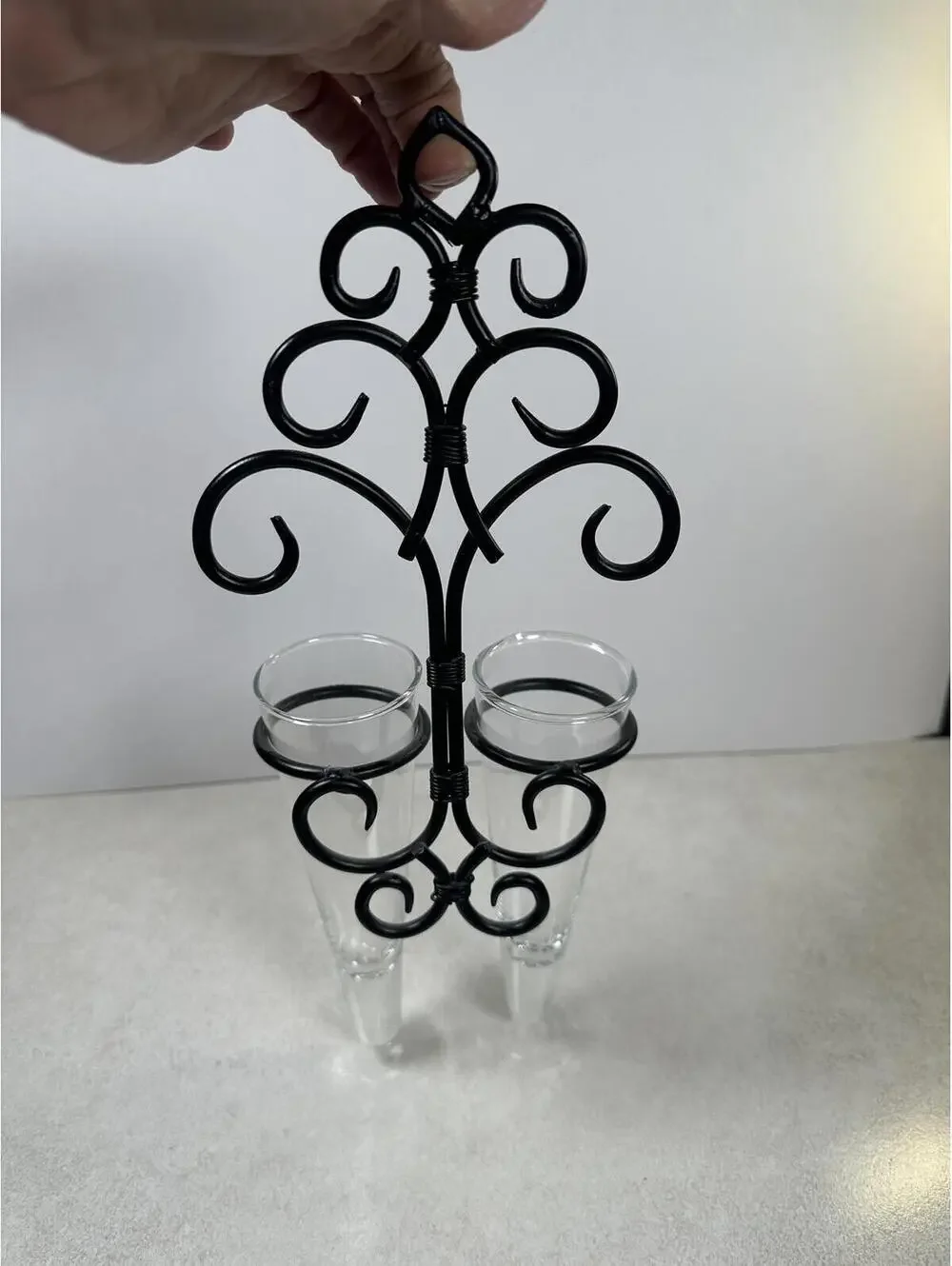 Black Wrought Iron Wall-Mounted Sconces Two Conical Glass Vases Farm Cottagecore